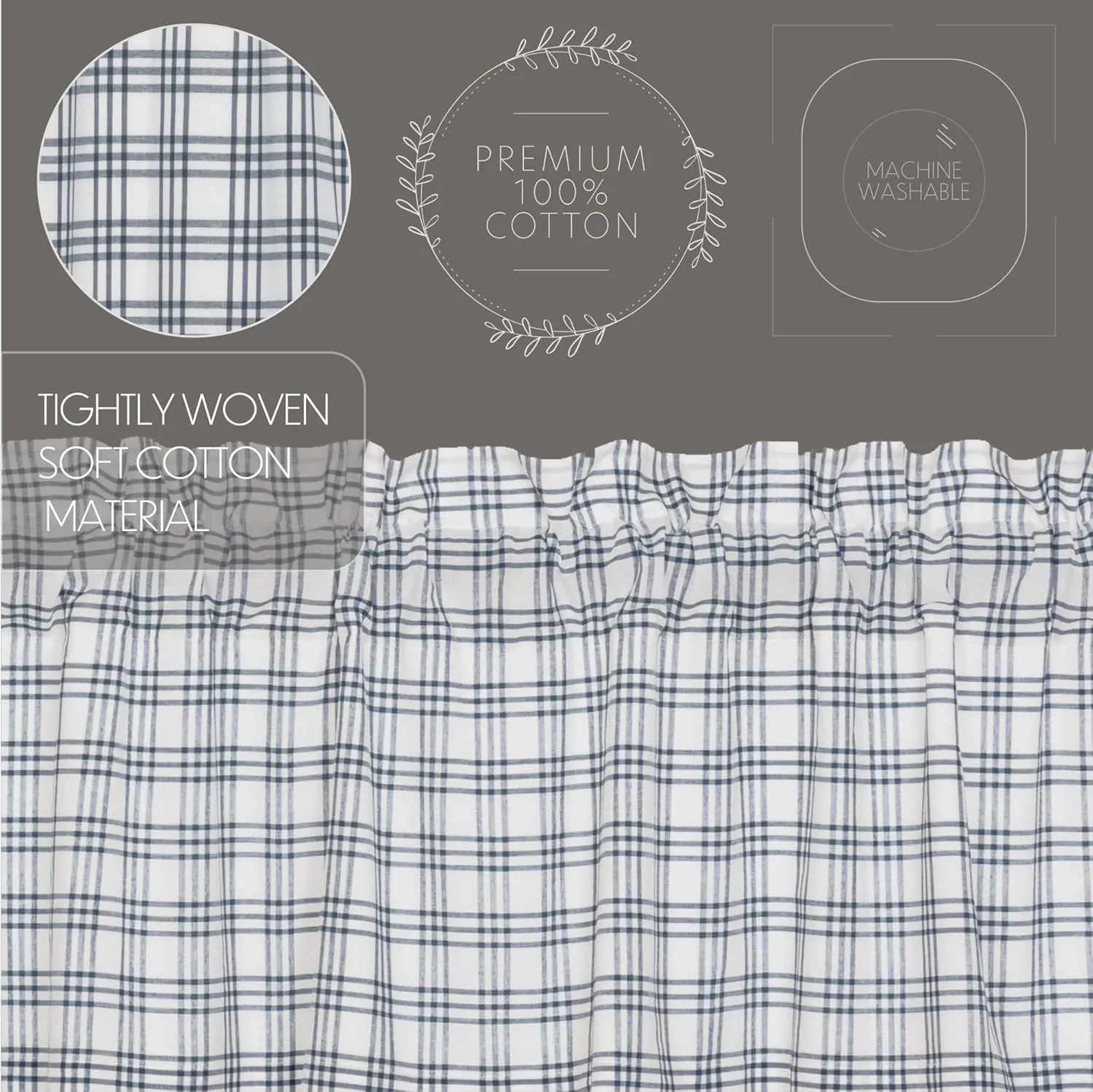VHC Brands Sawyer Mill Plaid Cotton Farmhouse Kitchen Curtains Rod Pocket Hanging Loops 24 Inches Long Tier Pair, Blue
