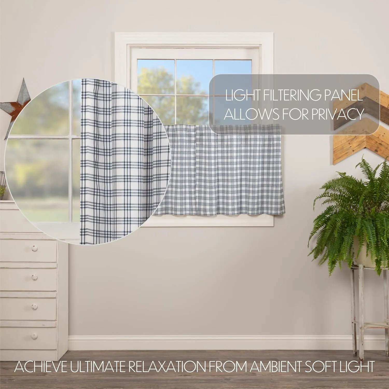 VHC Brands Sawyer Mill Plaid Cotton Farmhouse Kitchen Curtains Rod Pocket Hanging Loops 24 Inches Long Tier Pair, Blue