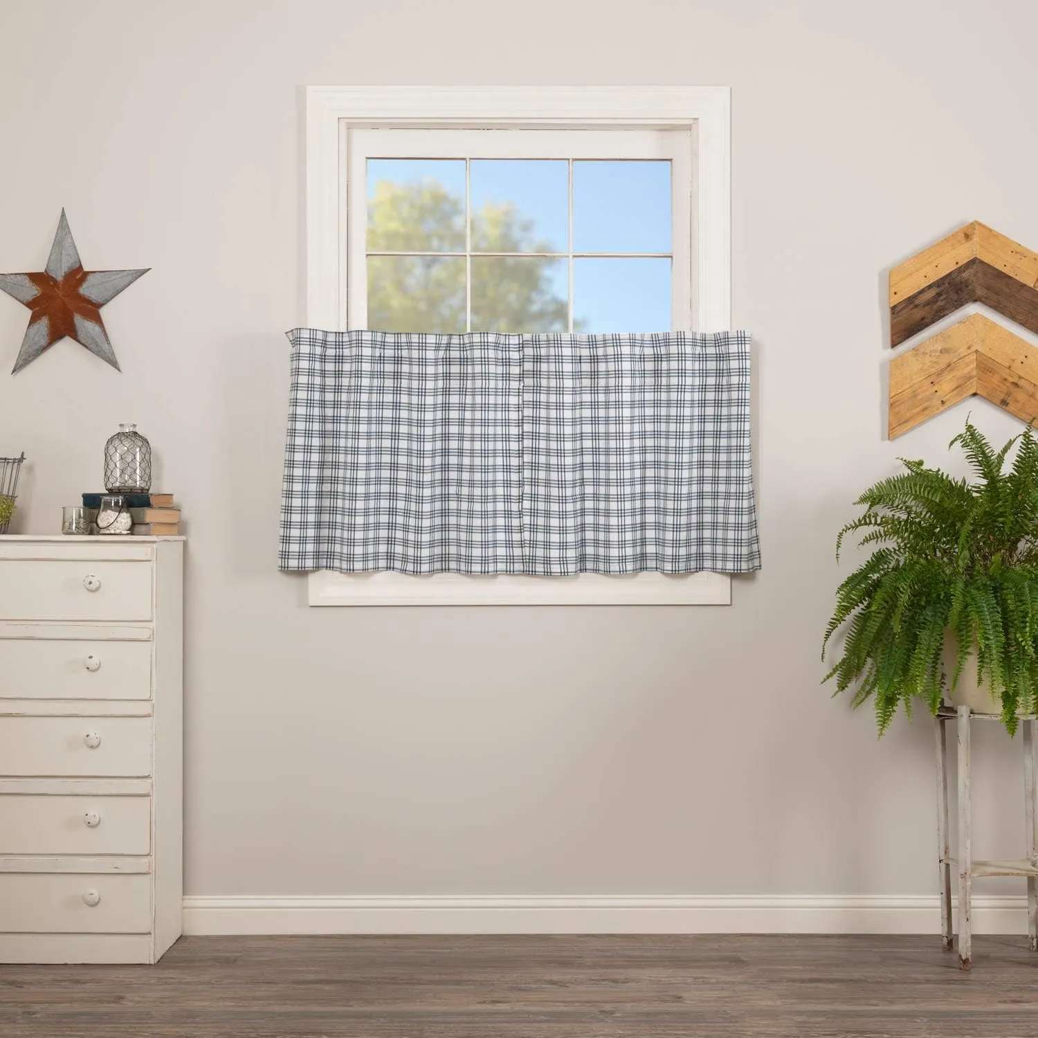 VHC Brands Sawyer Mill Plaid Cotton Farmhouse Kitchen Curtains Rod Pocket Hanging Loops 24 Inches Long Tier Pair, Blue