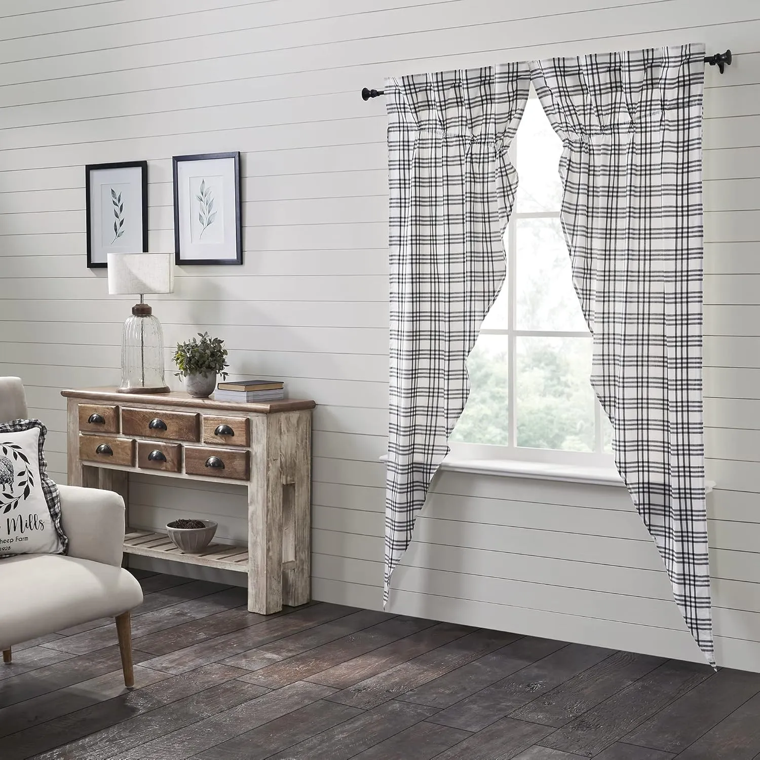 VHC Brands Sawyer Mill Plaid Farmhouse Prairie Panel Pair, Black & White, Set of 2 Panels, 84 Inches Long
