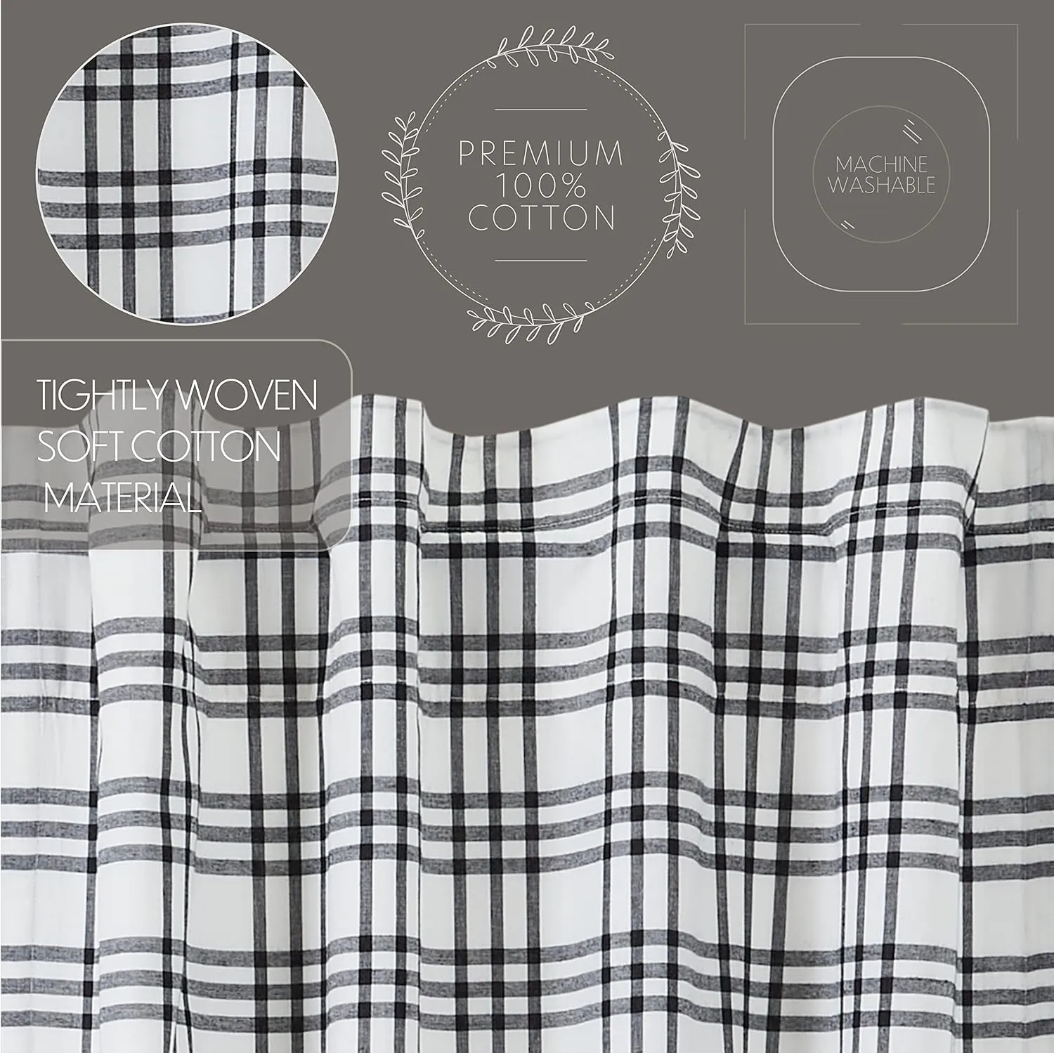 VHC Brands Sawyer Mill Plaid Farmhouse Prairie Panel Pair, Black & White, Set of 2 Panels, 84 Inches Long