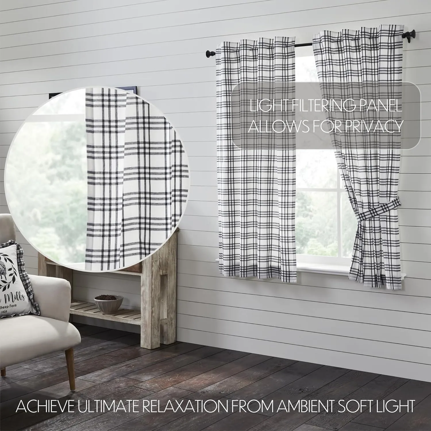 VHC Brands Sawyer Mill Plaid Short Curtain Panel, Black, 63x36, Set of 2