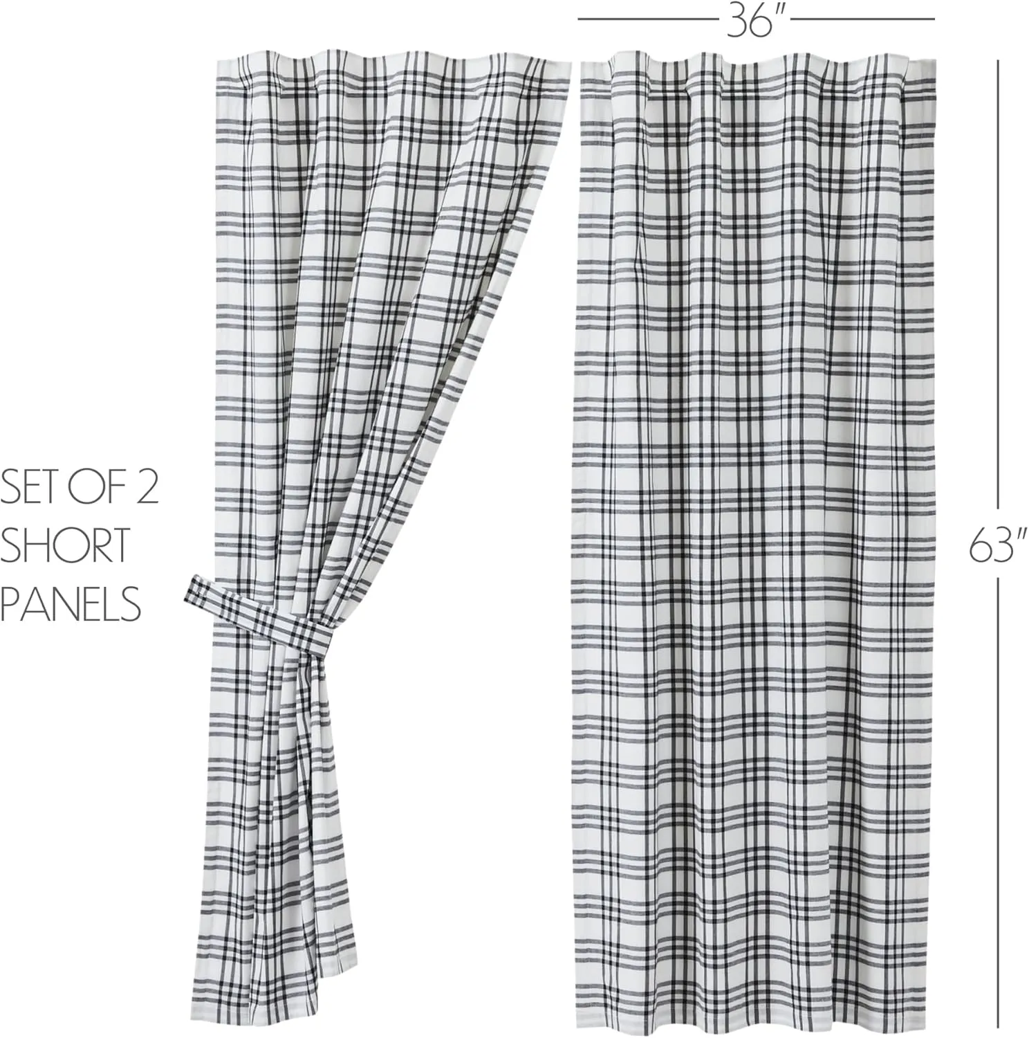 VHC Brands Sawyer Mill Plaid Short Curtain Panel, Black, 63x36, Set of 2