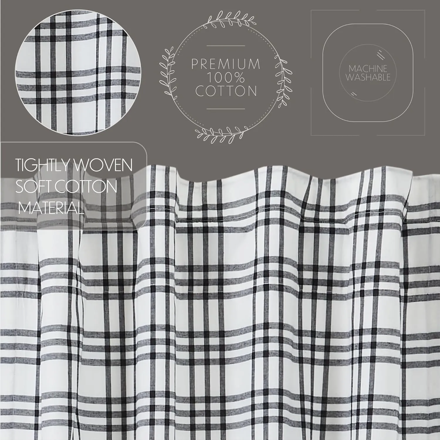 VHC Brands Sawyer Mill Plaid Short Curtain Panel, Black, 63x36, Set of 2