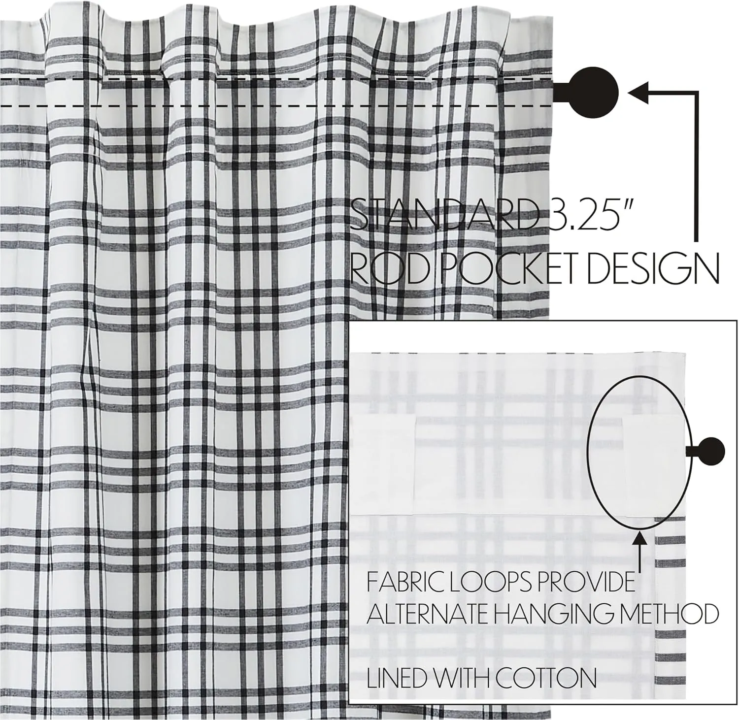 VHC Brands Sawyer Mill Plaid Short Curtain Panel, Black, 63x36, Set of 2