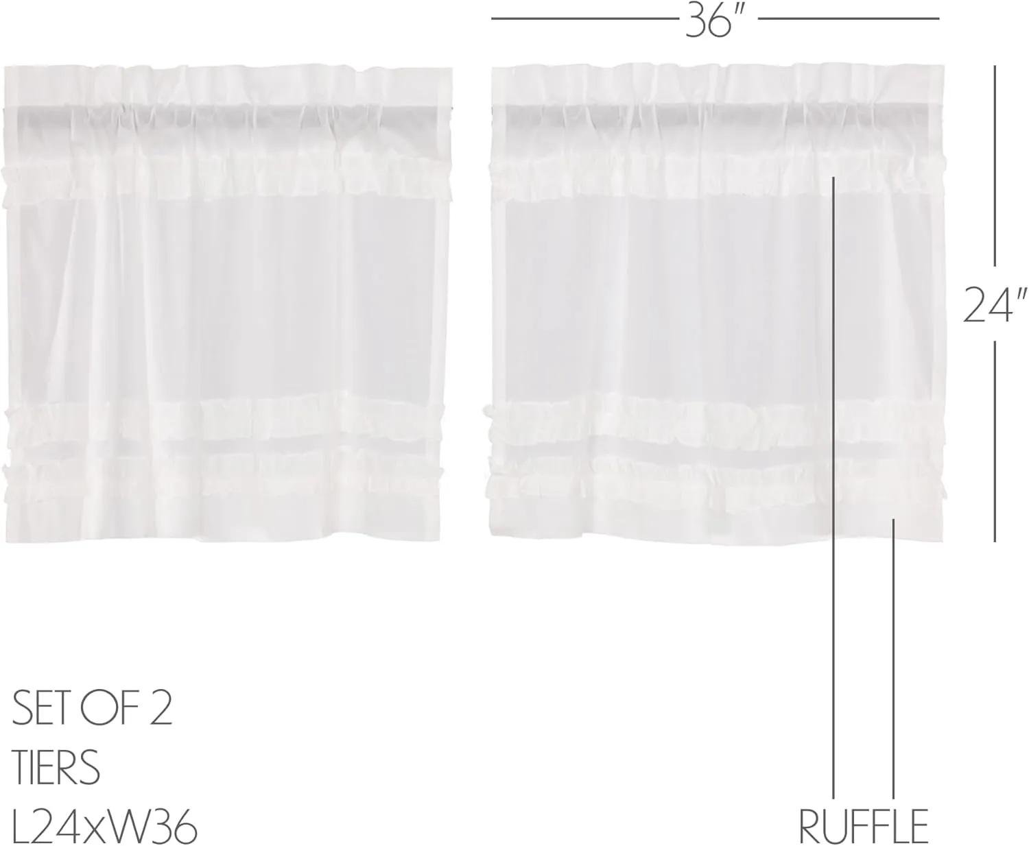 VHC Brands Soft White Ruffled Farmhouse Sheer Petticoat Tier Set of 2 24x36