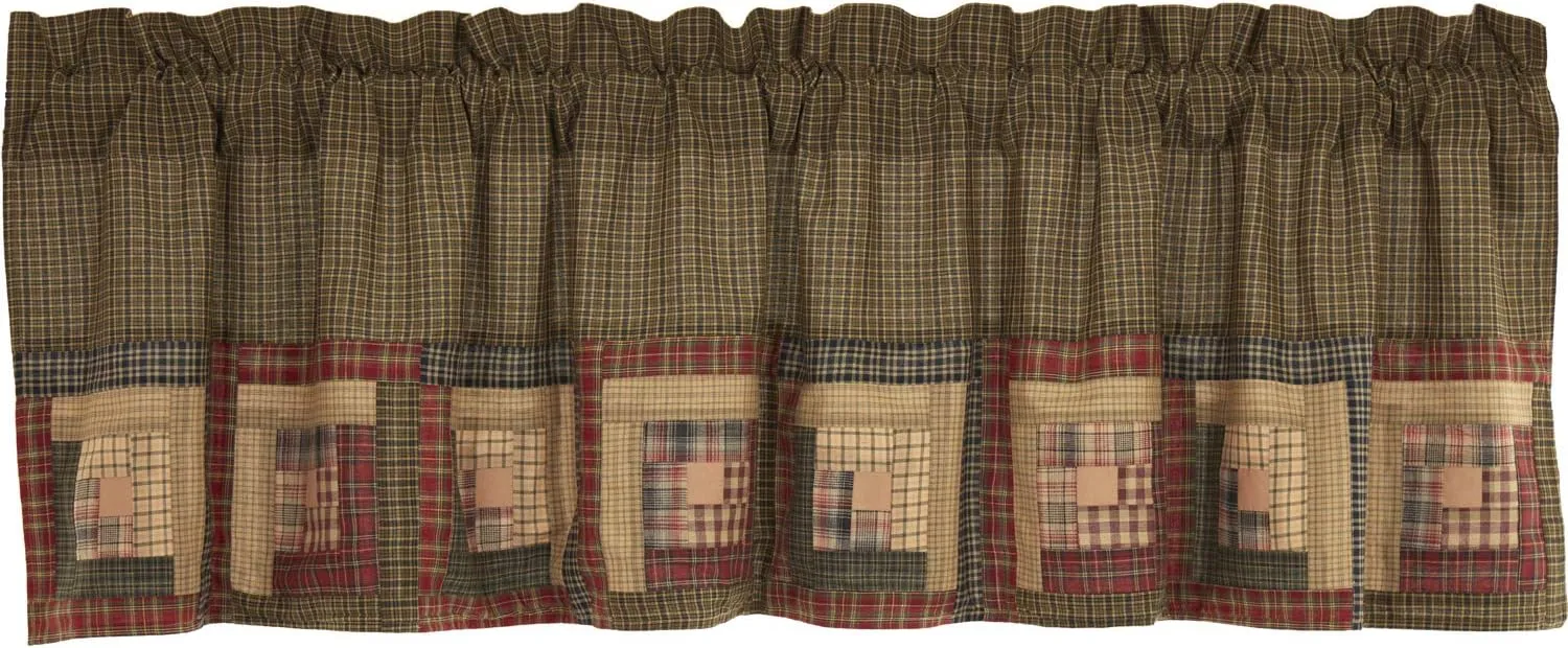 VHC Brands Tea Cabin Rustic 20"x72" Log Block Border Valance Green Thanksgiving Rod Pocket Patchwork Cotton Plaid Kitchen Window Curtains