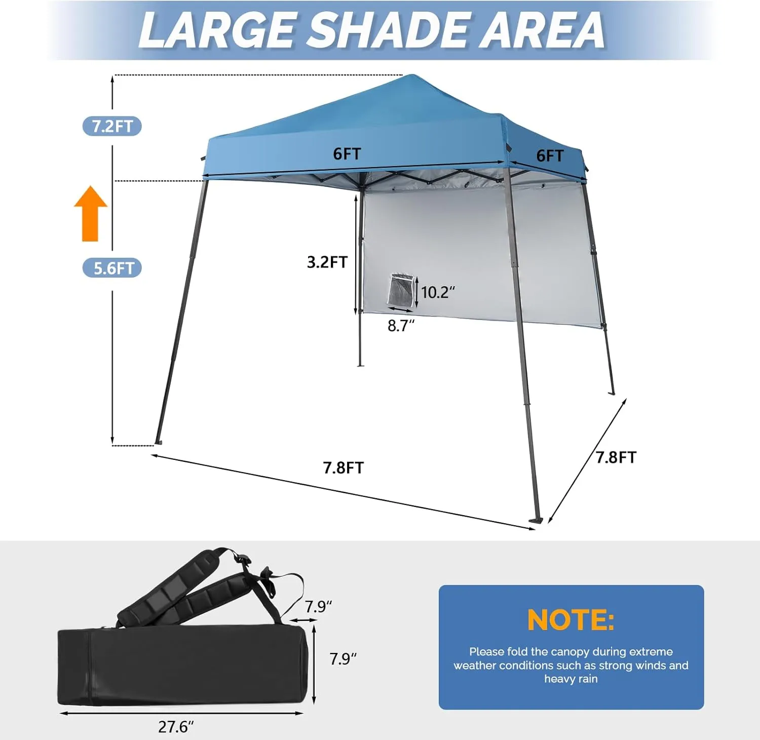 VINGLI 6x6 ft Pop Up Canopy Tent, Outdoor Small Gazebo With Backpack, Patio Slant Leg With 1 Sidewall, Portable Easy Up (Blue)