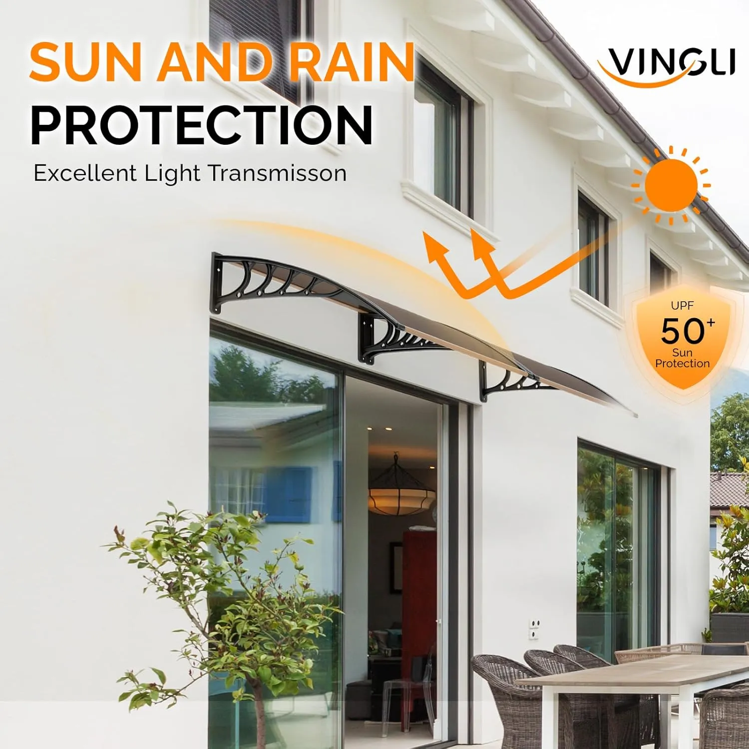 VINGLI Window Awning Door Canopy, 40" x 40" Window Awning Overhead Modern Polycarbonate Cover Outdoor Front Porch Patio Canopy UV Rain Snow Sunlight Protection Hollow Sheet/Brown