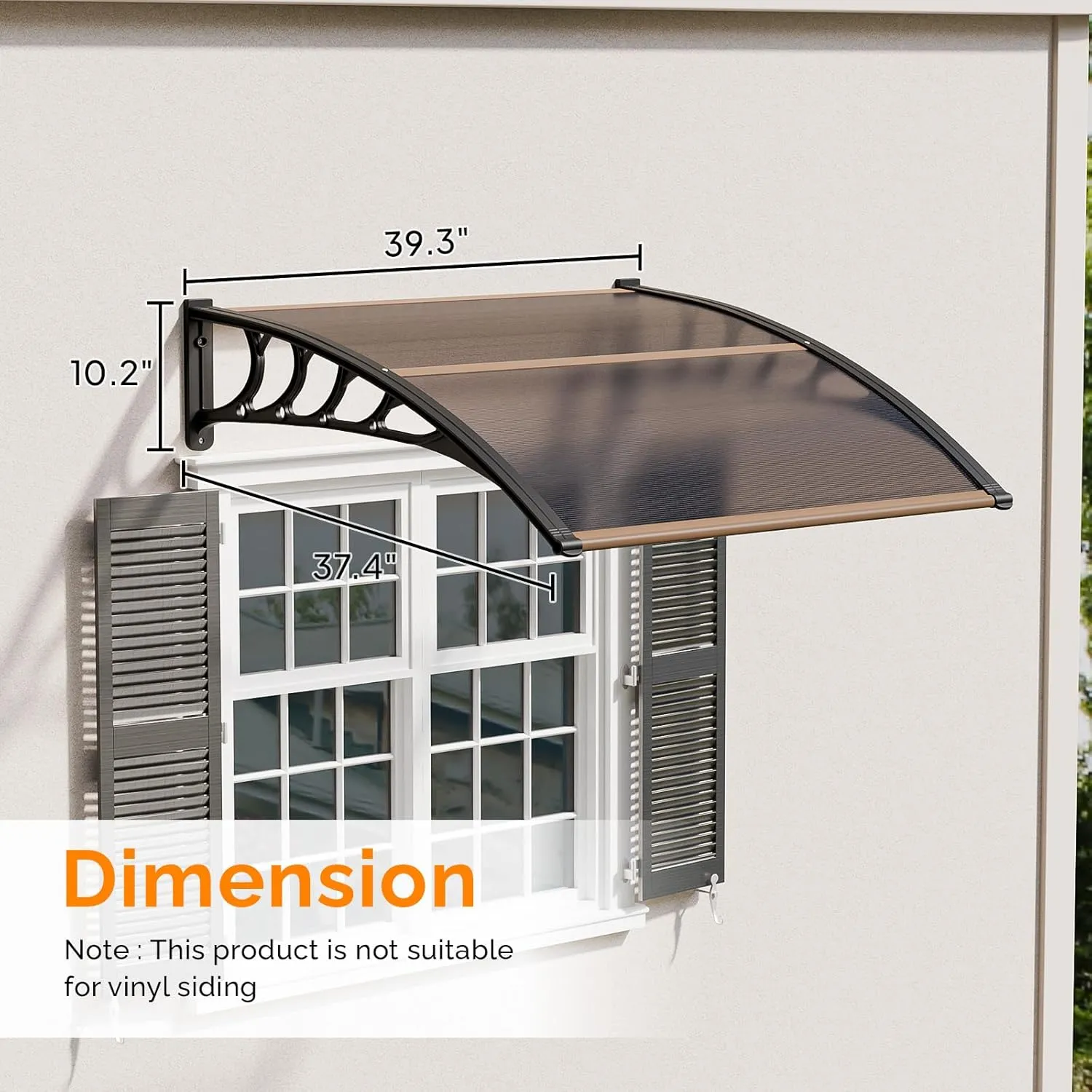 VINGLI Window Awning Door Canopy, 40" x 40" Window Awning Overhead Modern Polycarbonate Cover Outdoor Front Porch Patio Canopy UV Rain Snow Sunlight Protection Hollow Sheet/Brown