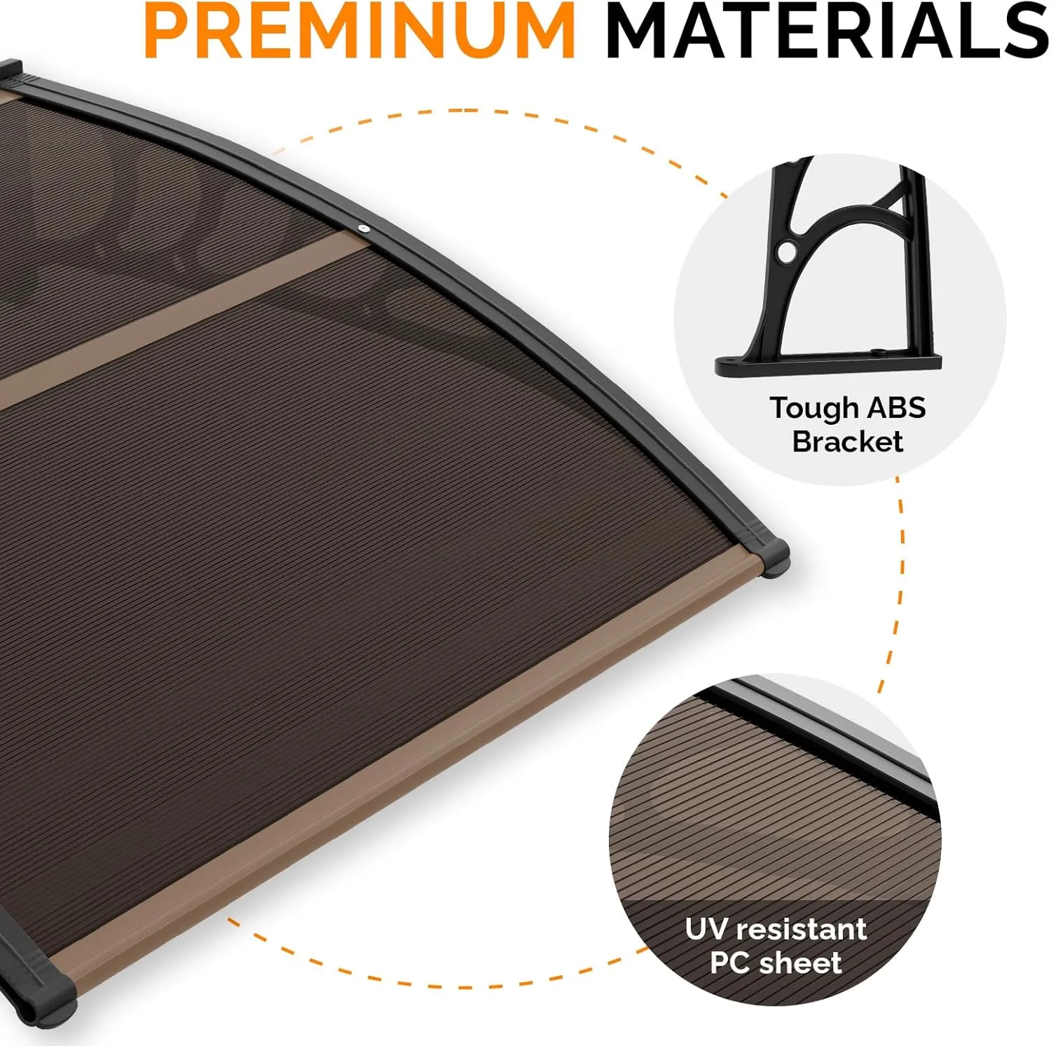 VINGLI Window Awning Door Canopy, 40" x 40" Window Awning Overhead Modern Polycarbonate Cover Outdoor Front Porch Patio Canopy UV Rain Snow Sunlight Protection Hollow Sheet/Brown