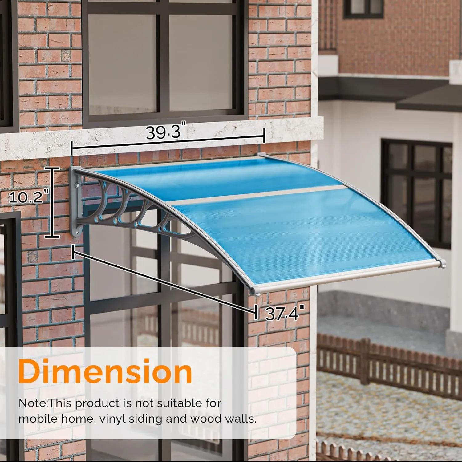 VINGLI Window Awning Door Canopy Exterior, 40" x 40" Awnings for Doors Polycarbonate Cover Patio Door Awning Rain Snow Sunlight Protection Hollow Sheet (Blue Board & Grey Bracket)