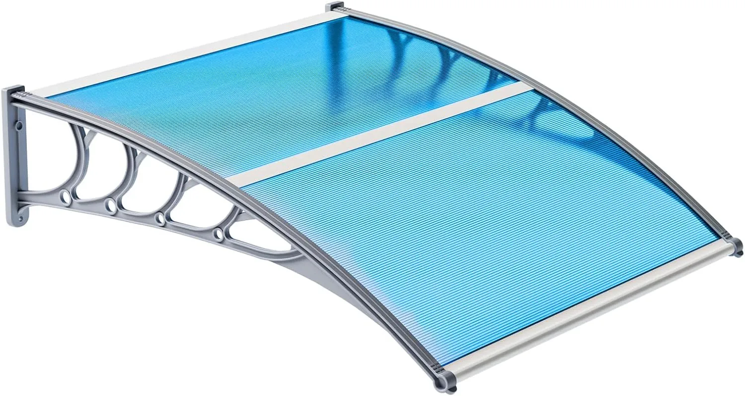 VINGLI Window Awning Door Canopy Exterior, 40" x 40" Awnings for Doors Polycarbonate Cover Patio Door Awning Rain Snow Sunlight Protection Hollow Sheet (Blue Board & Grey Bracket)