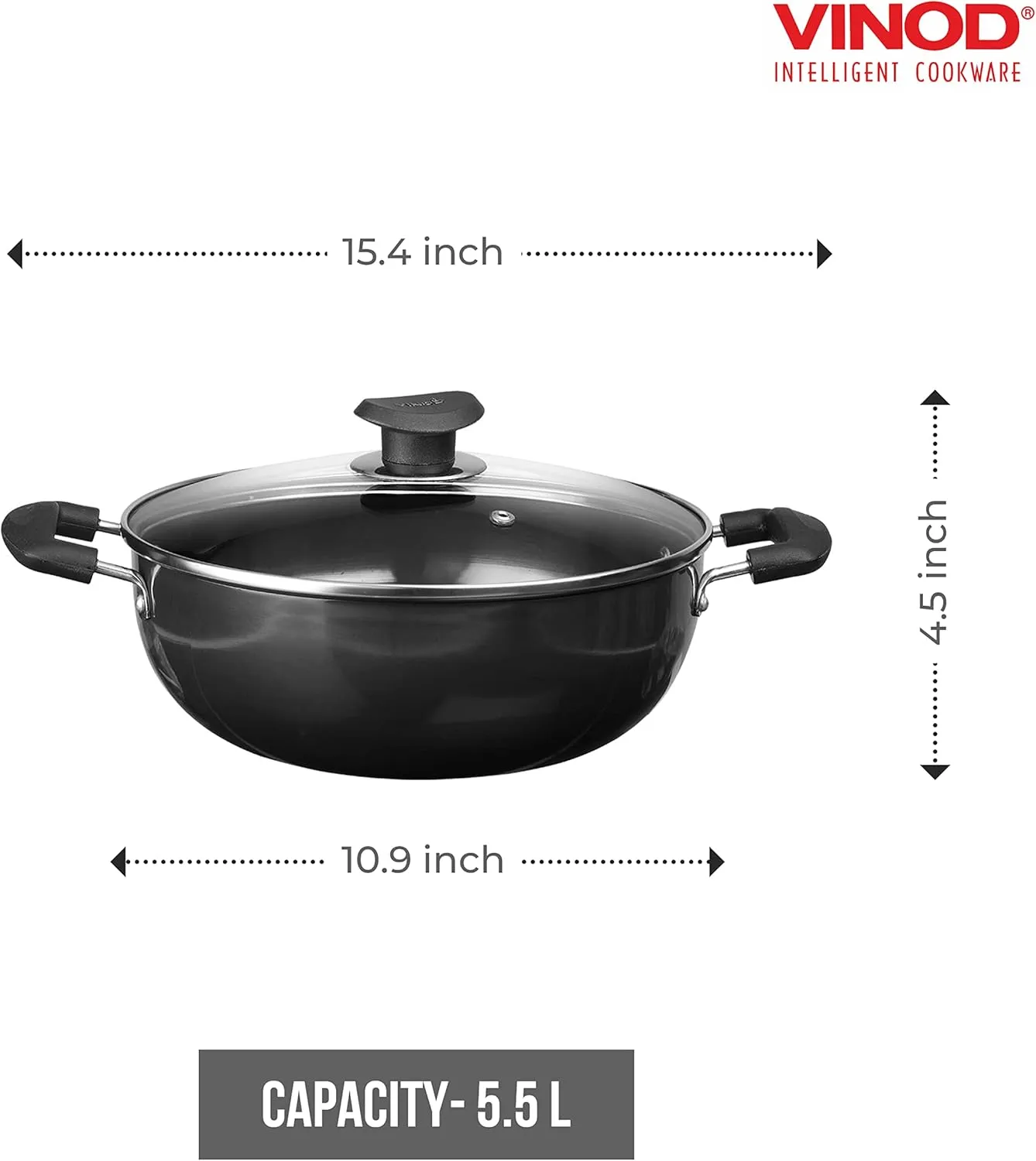 Vinod Cookware Deep Kadhai with Glass Lid – Hard Anodized Pot –Riveted Handles– 5.5 Liters(5.8 Quarts) – 28cm – Multi-Use Wok – Suitable For Indian Cooking, Sauces, Pasta, Stews, Soups – Round Bottom
