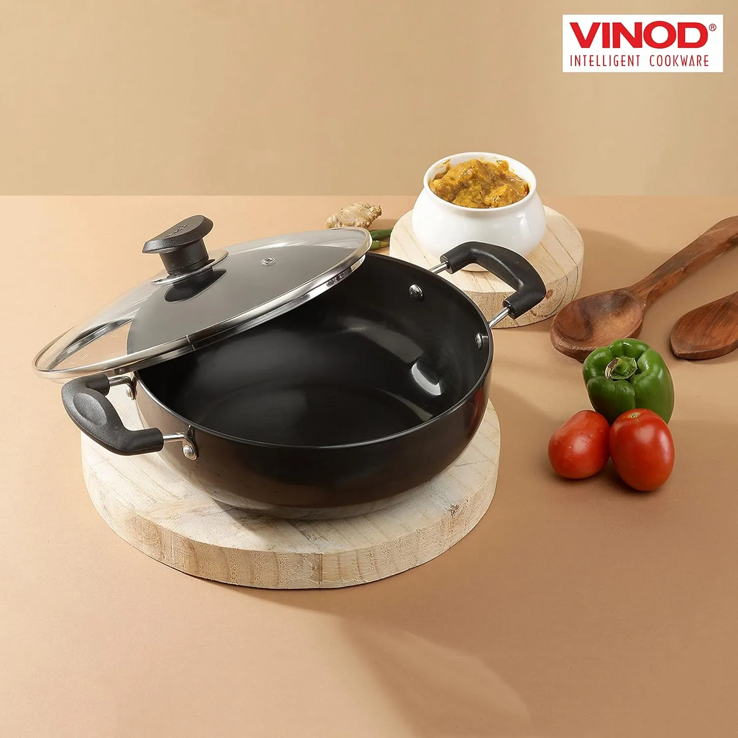 Vinod Cookware Deep Kadhai with Glass Lid – Hard Anodized Pot –Riveted Handles– 5.5 Liters(5.8 Quarts) – 28cm – Multi-Use Wok – Suitable For Indian Cooking, Sauces, Pasta, Stews, Soups – Round Bottom