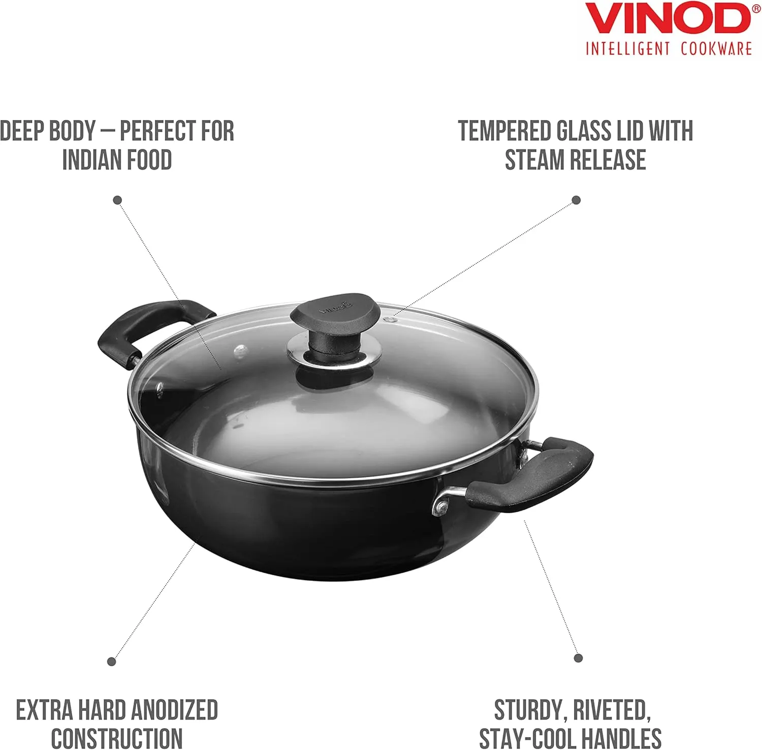 Vinod Cookware Deep Kadhai with Glass Lid – Hard Anodized Pot –Riveted Handles– 5.5 Liters(5.8 Quarts) – 28cm – Multi-Use Wok – Suitable For Indian Cooking, Sauces, Pasta, Stews, Soups – Round Bottom