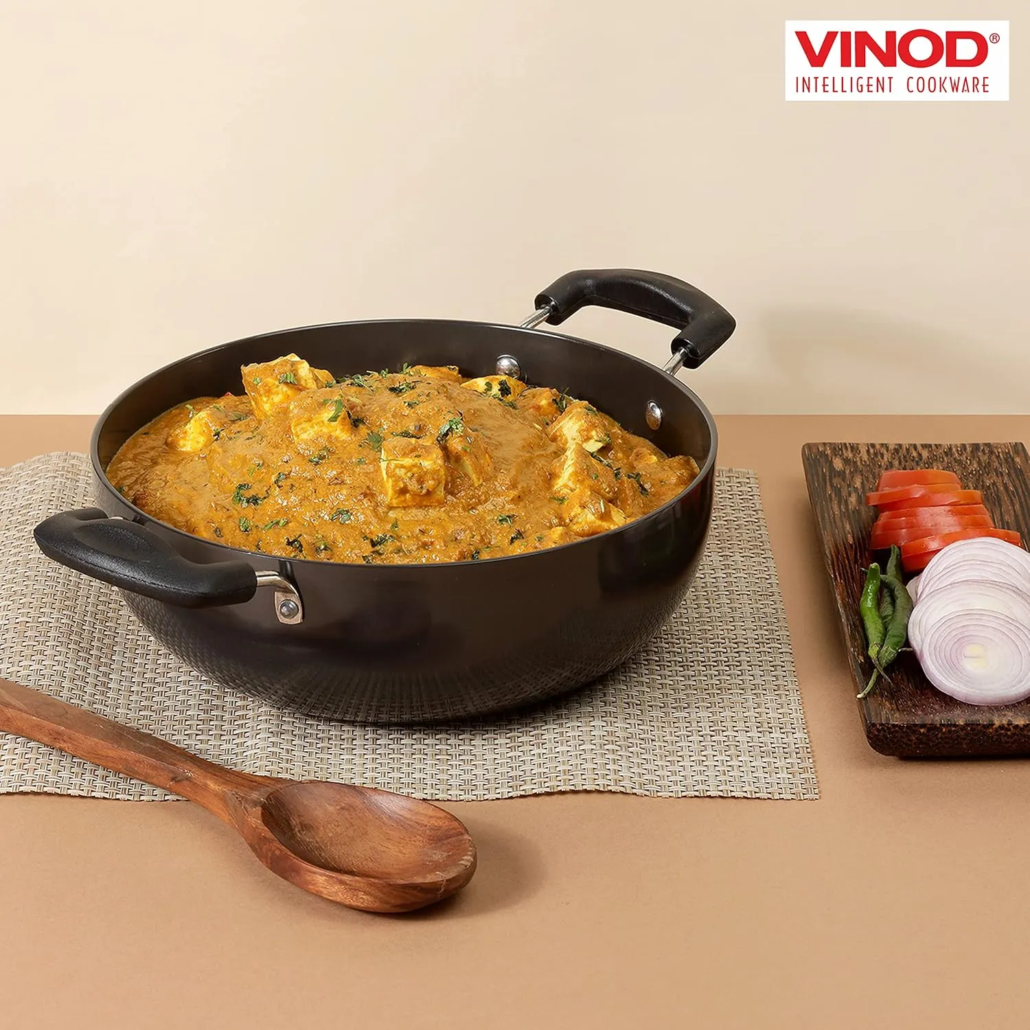 Vinod Cookware Deep Kadhai with Glass Lid – Hard Anodized Pot –Riveted Handles– 5.5 Liters(5.8 Quarts) – 28cm – Multi-Use Wok – Suitable For Indian Cooking, Sauces, Pasta, Stews, Soups – Round Bottom