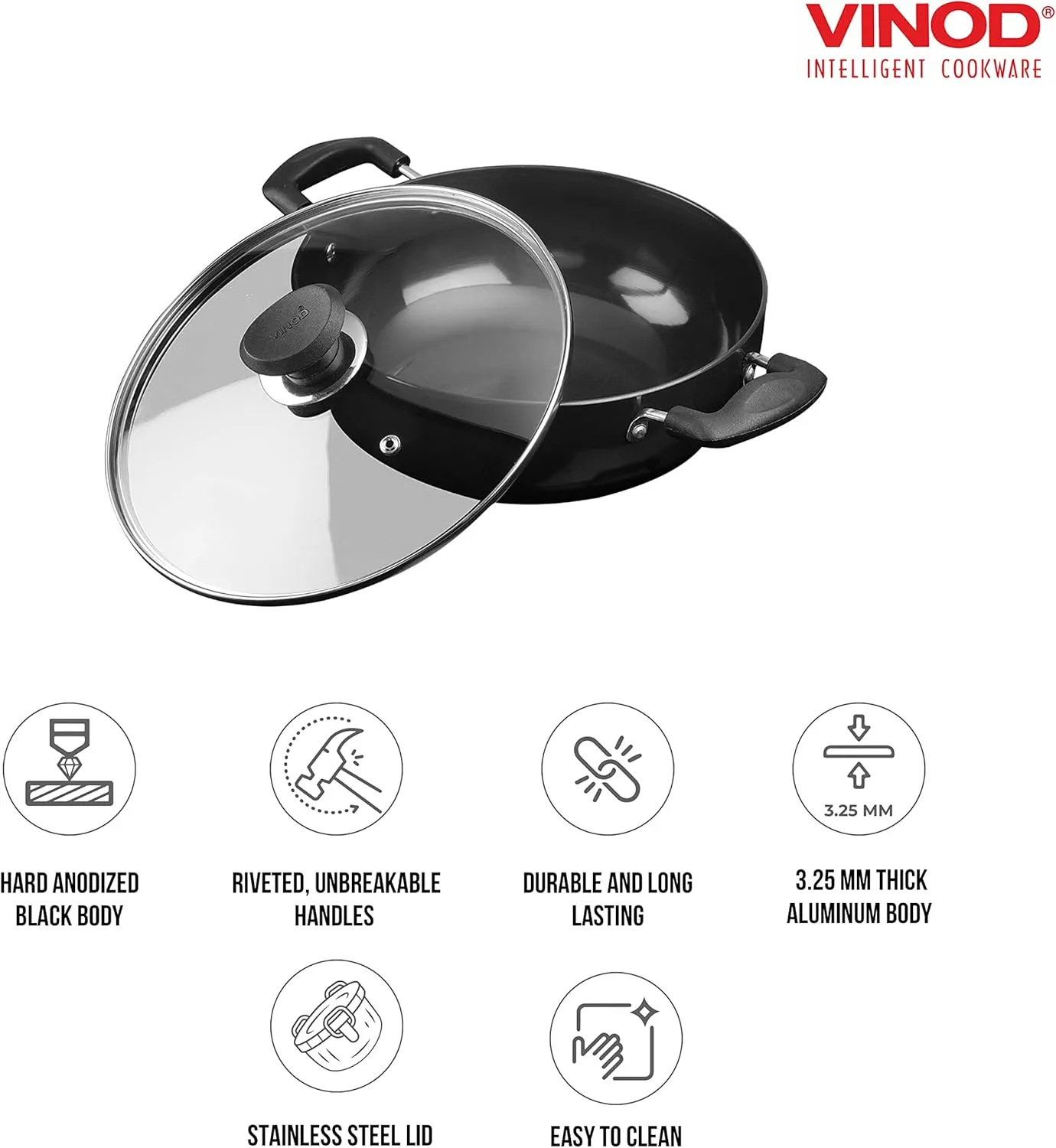 Vinod Cookware Deep Kadhai with Glass Lid – Hard Anodized Pot –Riveted Handles– 5.5 Liters(5.8 Quarts) – 28cm – Multi-Use Wok – Suitable For Indian Cooking, Sauces, Pasta, Stews, Soups – Round Bottom