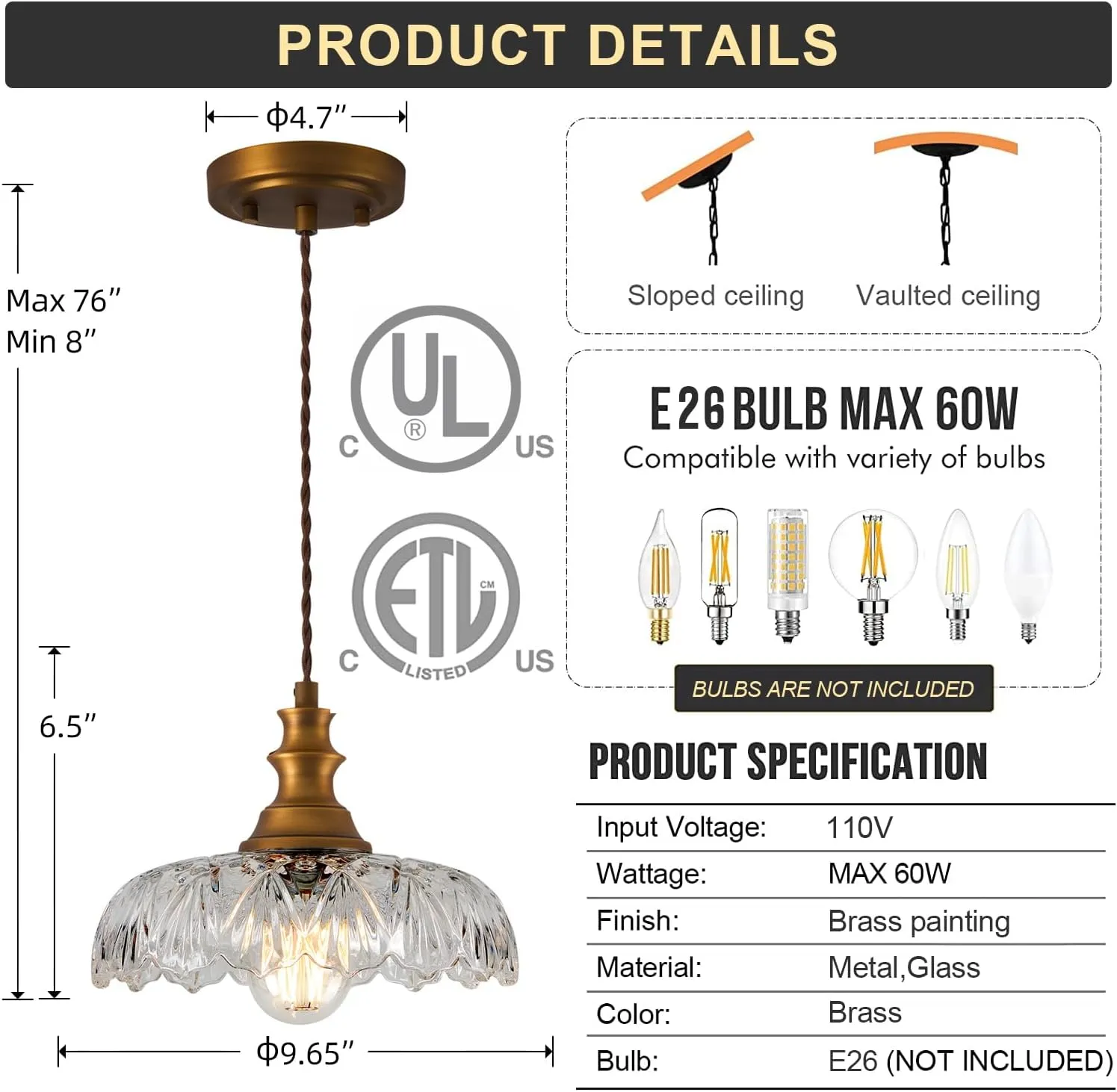 Vintage Glass Pendant Light Fixtures,Mid Century Antique Brass Pendant Lights Hanging for Hallway Porch Bedroom Dining Room Over Kitchen Island/Sink/Table