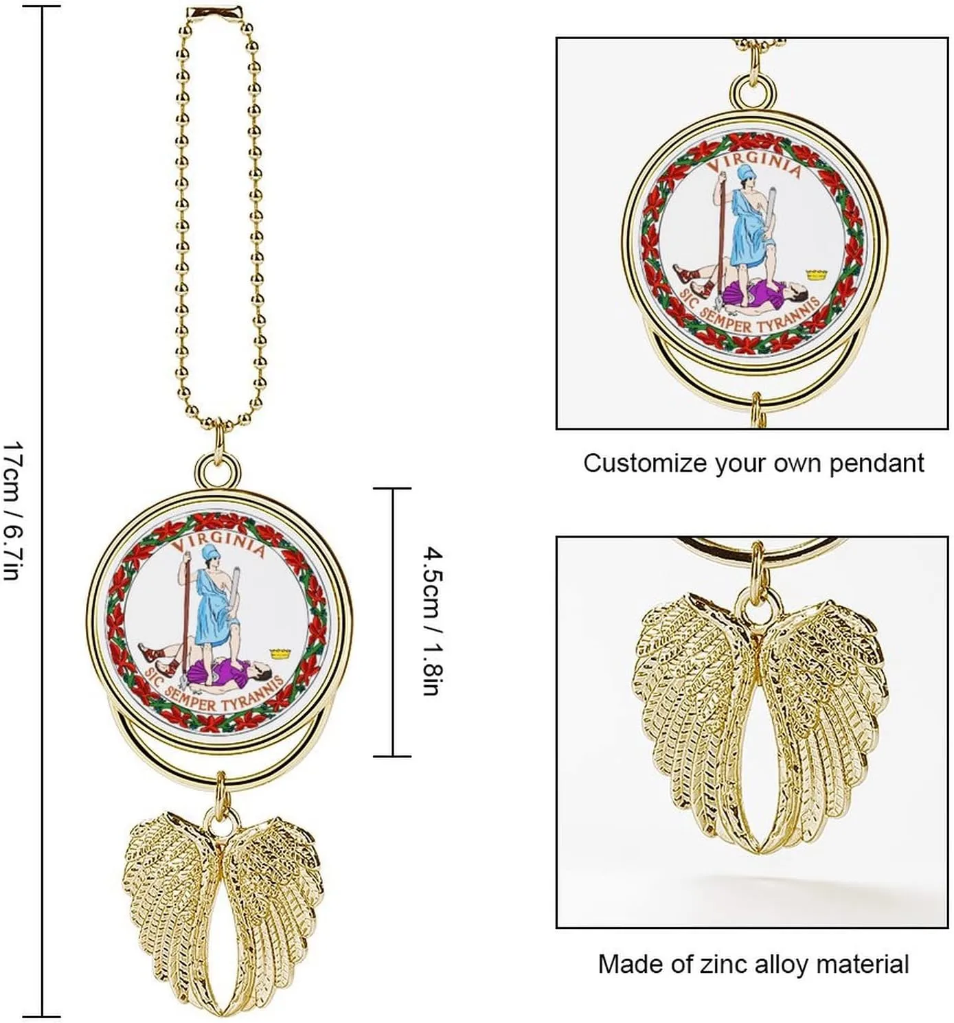 Virginia State State Flag Automotive Interior Mirrors Accessories Angel Wing Pendant Car Rearview Mirror Charm Hanging Ornament Golden-Style
