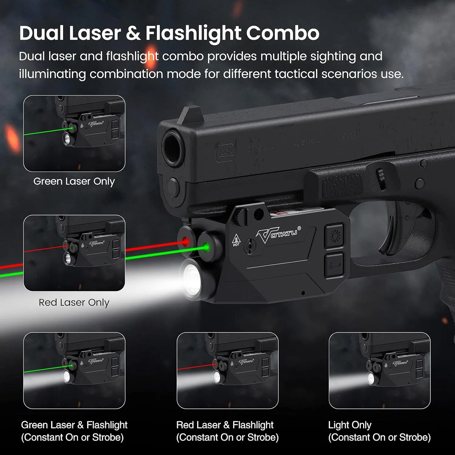Votatu H1L-GR Shockproof Pistol Combo, 750 Lumen Green Laser Light for Pistol, Red Green for Handgun Picatinny Mount, Magnetic Rechargeable