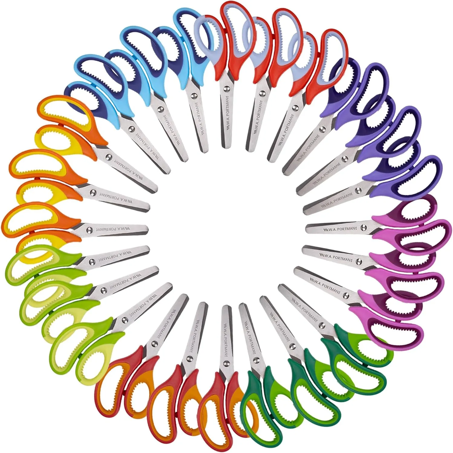 WA Portman 24 Pk Blunt Scissors for Kids - 5-Inch Blunt Tip Kids Scissors Bulk Classroom - No-slip Handle Grip & Durable Stainless Steel Blades - Children's Safety Shears Ideal for School and Home Use
