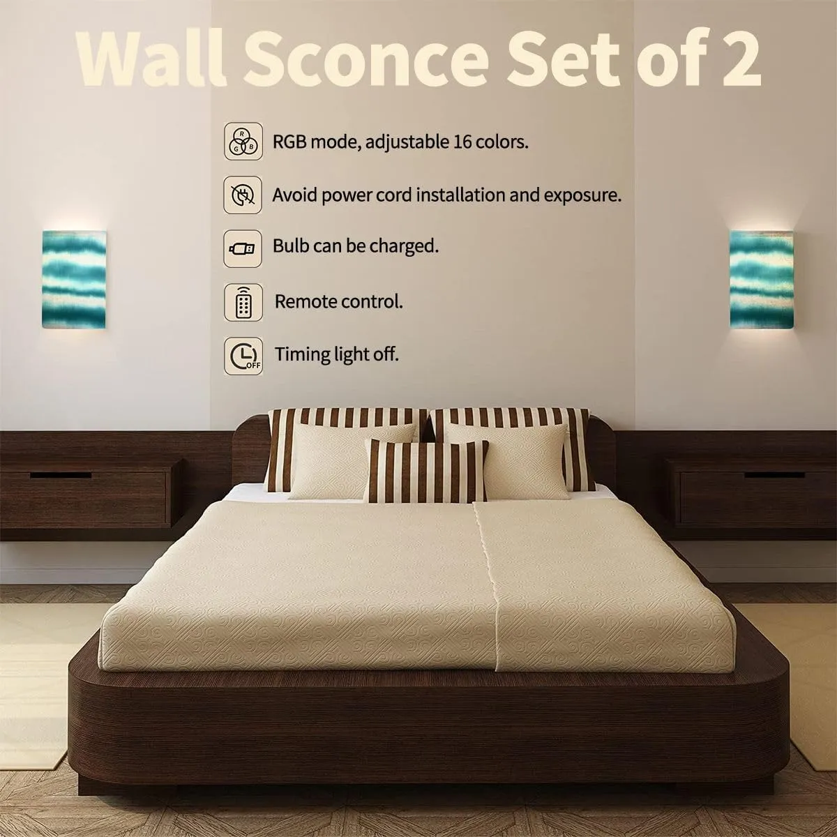 Wall Sconces Set of Two Battery Operated Soft light texture background Seamless liquid flow watercolor stripe Wireless Plug in Wall Lights Fixtures Remote Dimmable for Bedroom Living Room Hallway