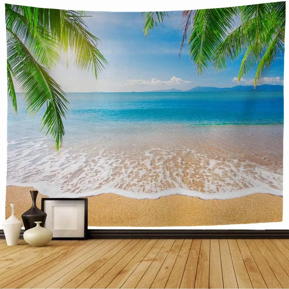 Wall Tapestry Day Jungle Palm Tropical Beach Journey Coastline Nature Parks Surf Leaf Cloud Outdoor Design Cliff Tapestry Wall Hanging Bedding Tapestry for Bedroom 80x60 Inch