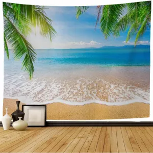 Wall Tapestry Day Jungle Palm Tropical Beach Journey Coastline Nature Parks Surf Leaf Cloud Outdoor Design Cliff Tapestry Wall Hanging Bedding Tapestry for Bedroom 80x60 Inch