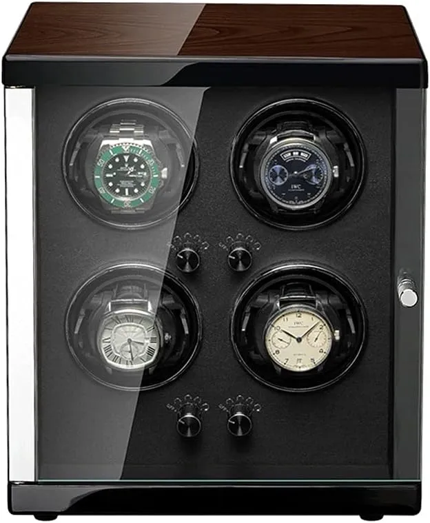 Watch Winder, 4 Slot, Automatic Watch Shaker, Wood Metal Case, Gyroscope Holder, Quiet Motor Watch Winder Display Watch Box Case Watch Storage (Black 3rd generation)
