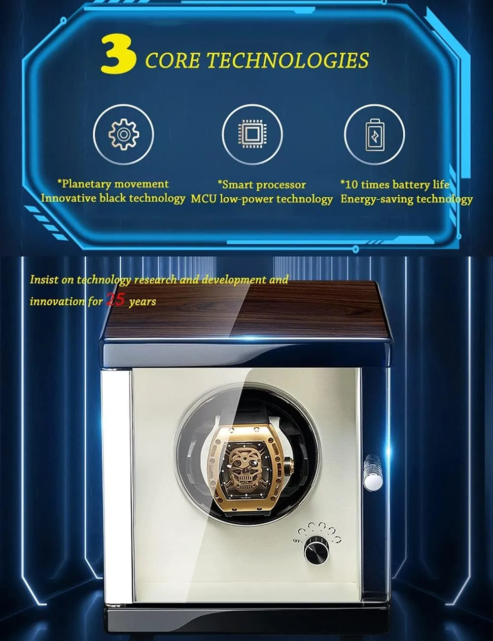 Watch Winder, 4 Slot, Automatic Watch Shaker, Wood Metal Case, Gyroscope Holder, Quiet Motor Watch Winder Display Watch Box Case Watch Storage (Black 3rd generation)
