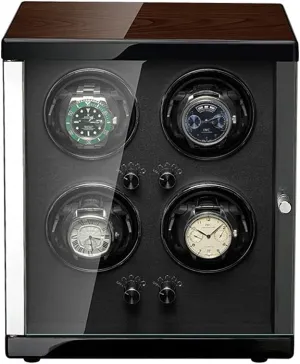 Watch Winder, 4 Slot, Automatic Watch Shaker, Wood Metal Case, Gyroscope Holder, Quiet Motor Watch Winder Display Watch Box Case Watch Storage (Black 3rd generation)