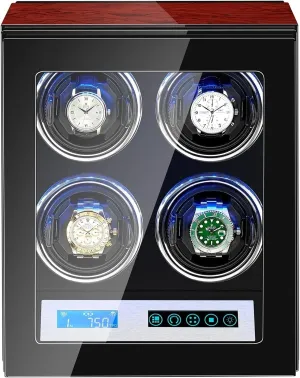 Watch Winder for 4 Automatic Watches Watches Display Box with LCD Touch Screen Japanese Silent Motors Adjustable Watch Pillow Built-in LED Illumination Fit Lady and Man Watches (4 0)