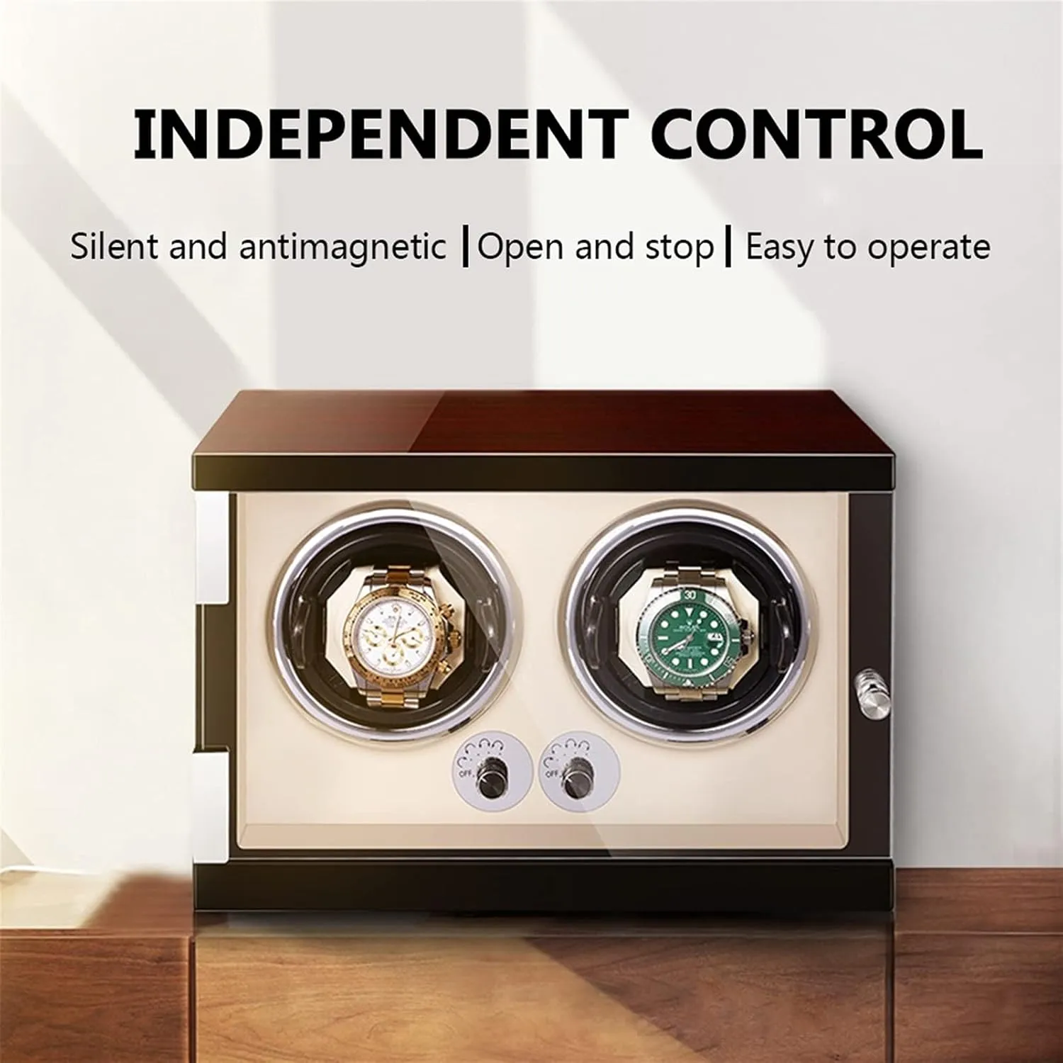 Watch Winder for Men's and Women's Automatic Watch with LED Lights Quiet Motor Watch Winder Box Watches Open and Shut Down Featured (Beige Pu 2 0)