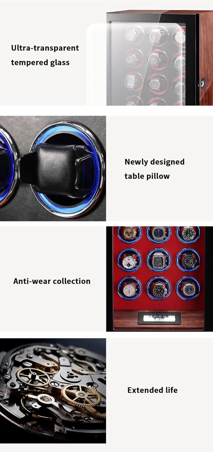 Watch Winders for 2 4 6 9 12 Watches with Quiet Motor Watch Winder Box Display Case Led Illumination and LCD Touchscreen Control Wooden Storage Case,Black-6 0