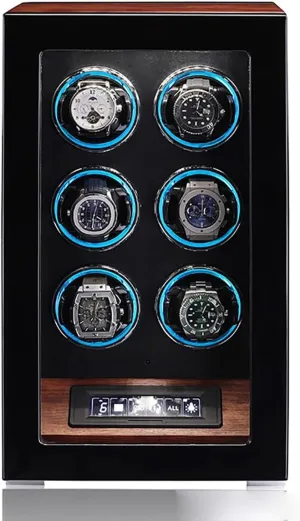 Watch Winders for 2 4 6 9 12 Watches with Quiet Motor Watch Winder Box Display Case Led Illumination and LCD Touchscreen Control Wooden Storage Case,Black-6 0
