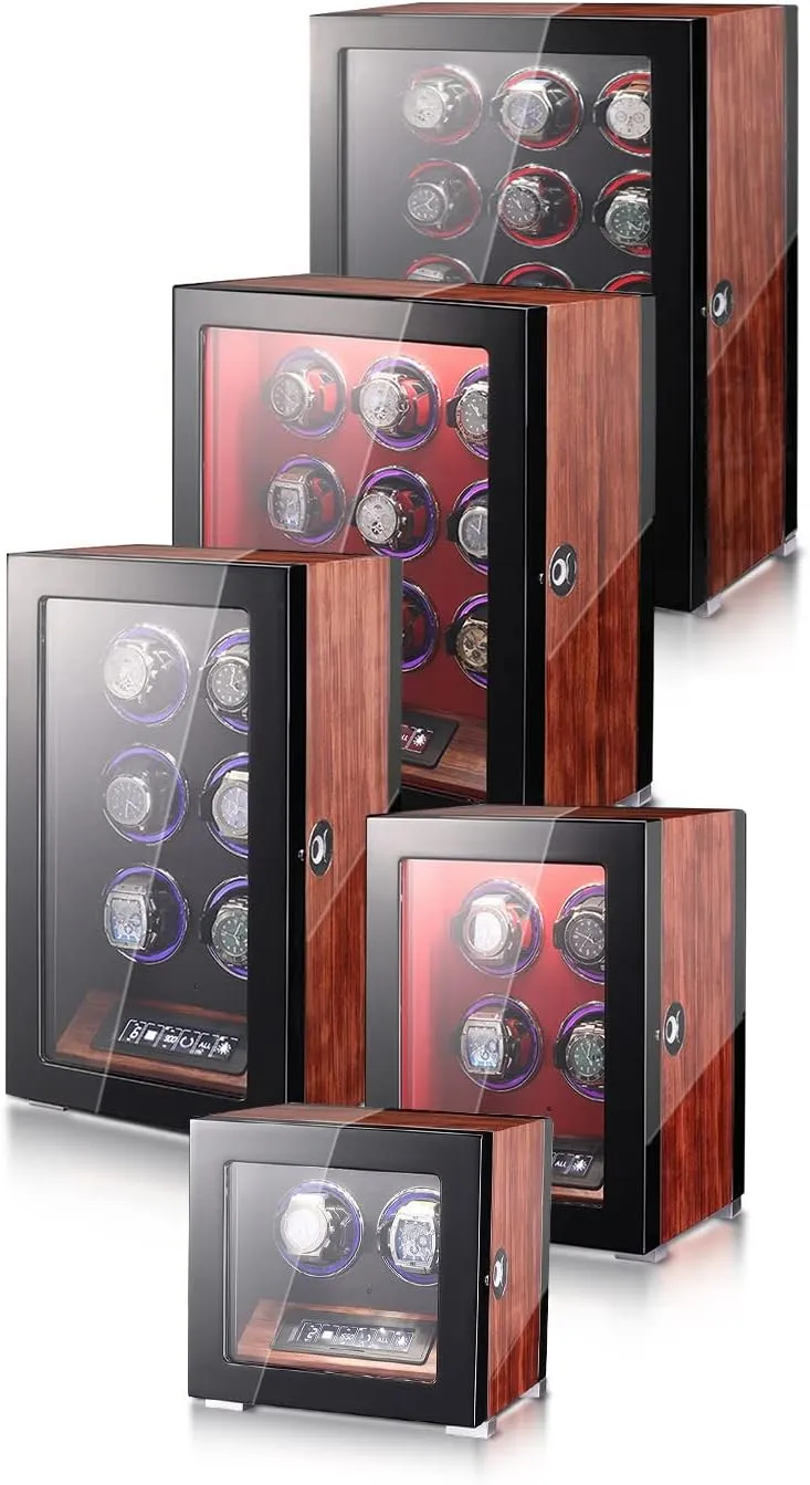 Watch Winders for 2 4 6 9 12 Watches with Quiet Motor Watch Winder Box Display Case Led Illumination and LCD Touchscreen Control Wooden Storage Case,Black-6 0