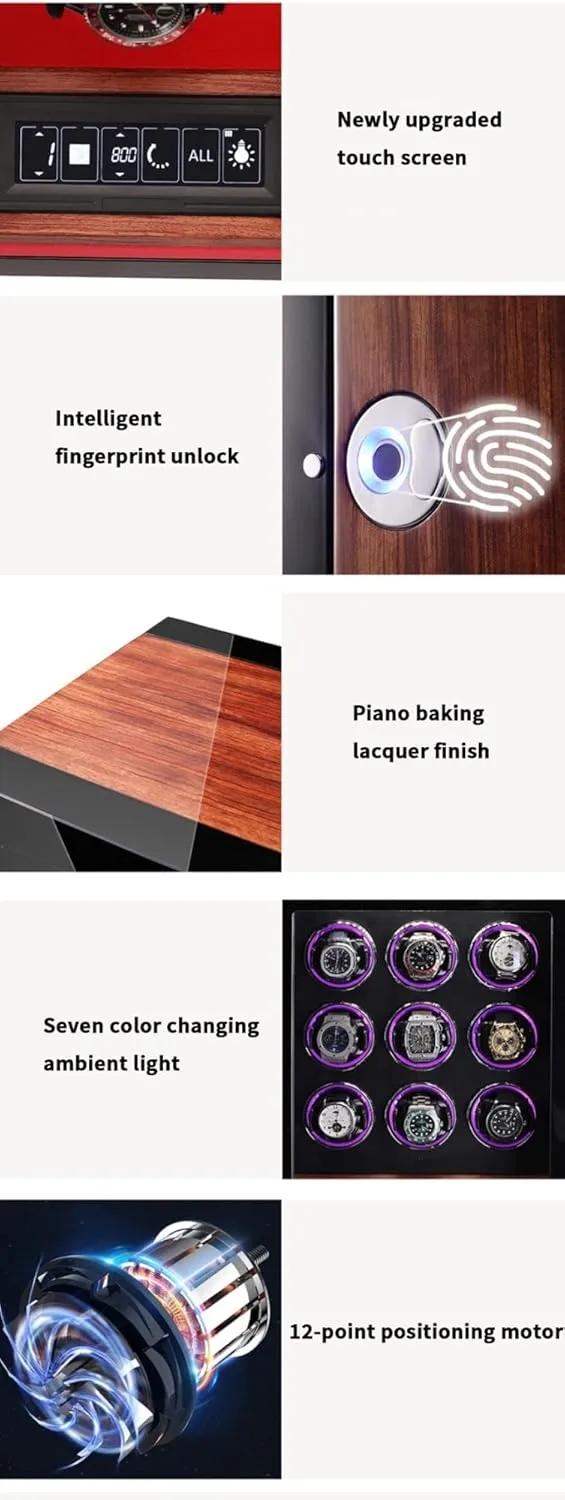 Watch Winders for 2 4 6 9 12 Watches with Quiet Motor Watch Winder Box Display Case Led Illumination and LCD Touchscreen Control Wooden Storage Case,Black-6 0