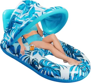 Water Recliner Thickened PVC Inflatable Floating Row with Sunshade Inflatable Recliner Hammock for Adult Water Amusement, blue