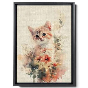 Watercolor Of A Kitten And Flowers, In The Style Of Animals And People, Light Beige And Light Amber,Light Emerald And Light Amber,Pictorial, Colorful Animations, Canvas Prints