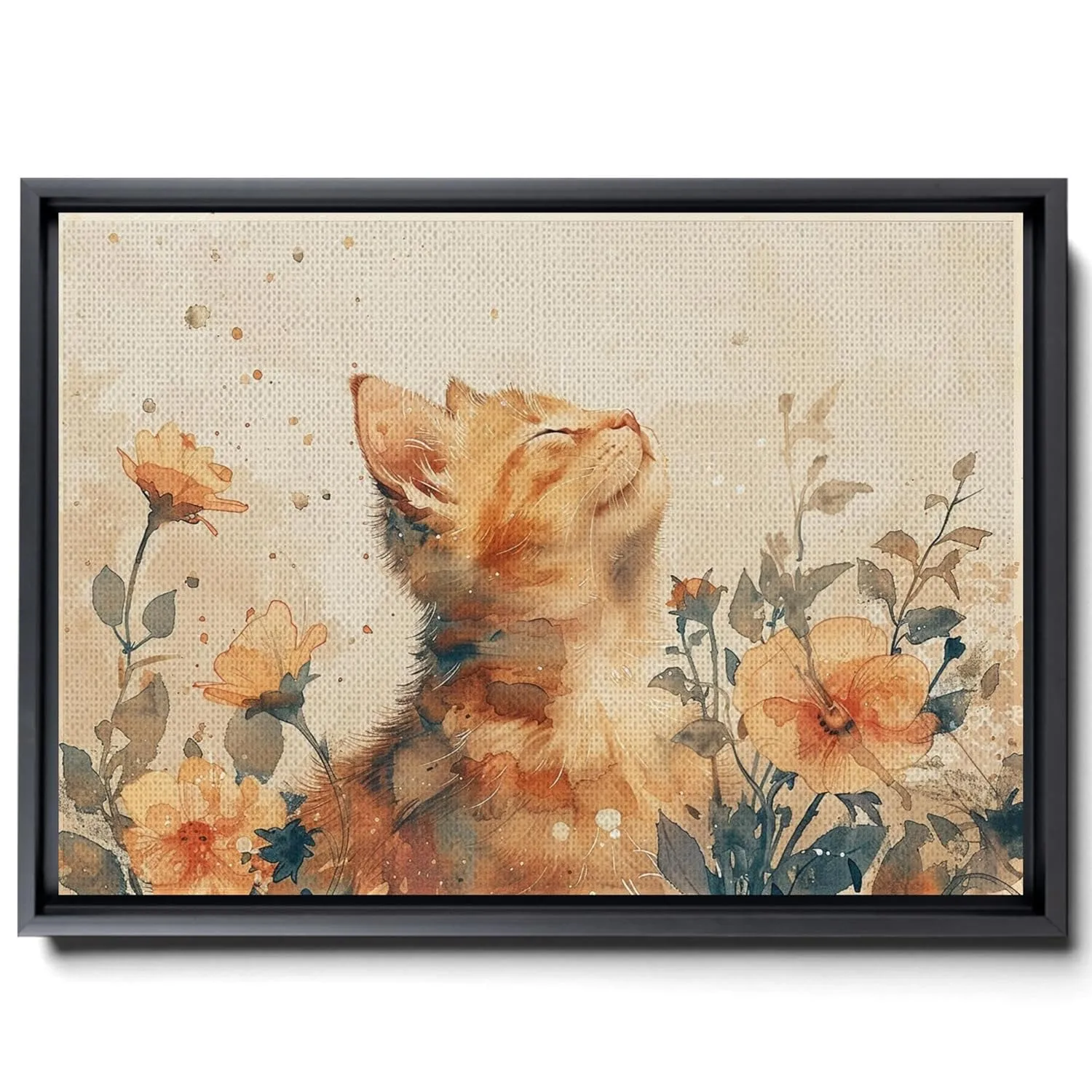 Watercolor Of A Kitten And Flowers, In The Style Of Animals And People, Light Beige And Light Amber,Light Emerald And Light Amber,Pictorial, Colorful Animations, Canvas Prints