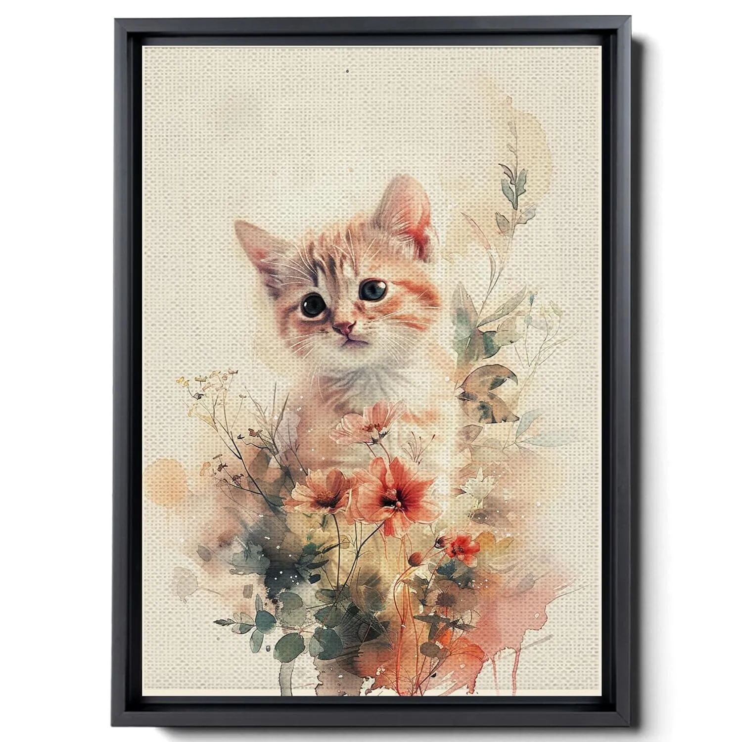 Watercolor Of A Kitten And Flowers, In The Style Of Animals And People, Light Beige And Light Amber,Light Emerald And Light Amber,Pictorial, Colorful Animations, Canvas Prints