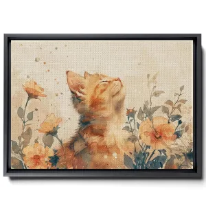 Watercolor Of A Kitten And Flowers, In The Style Of Animals And People, Light Beige And Light Amber,Light Emerald And Light Amber,Pictorial, Colorful Animations, Canvas Prints