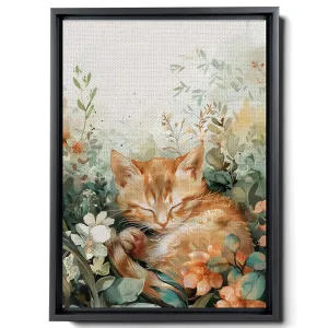 Watercolor Of A Kitten And Flowers, In The Style Of Animals And People, Light Beige And Light Amber,Light Emerald And Light Amber,Pictorial, Colorful Animations, Canvas