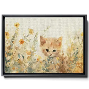 Watercolor Of A Kitten And Flowers, In The Style Of Animals And People, Light Beige And Light Amber,Light Emerald And Light Amber,Pictorial, Colorful Animations, Decor Canvas