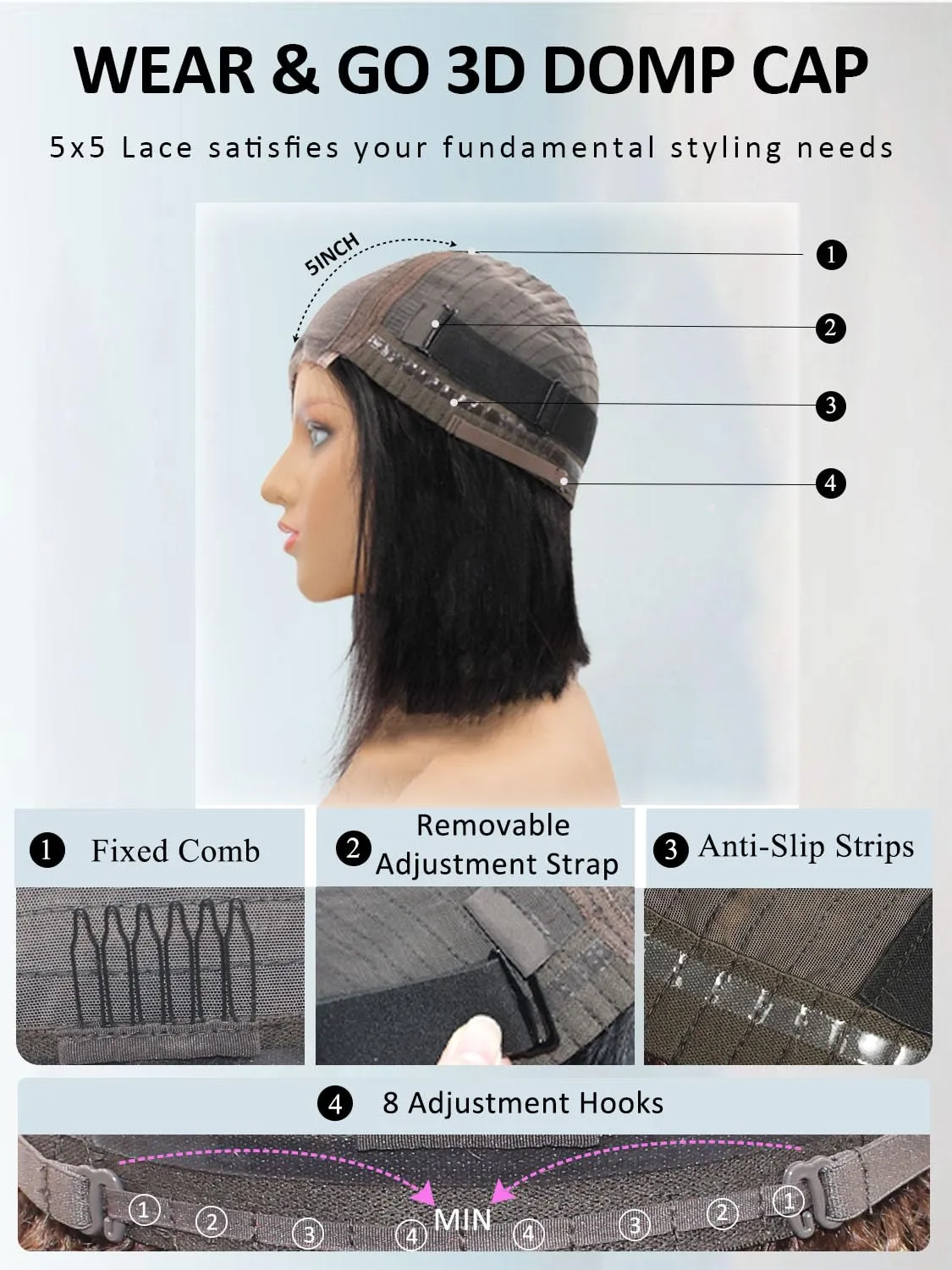 Wear and Go Glueless Wigs Human Hair Pre Plucked Pre Cut Middle Part Bob Wig Human Hair 5x5 HD Lace Closure Wig Glueless Short Bob Straight Wigs For Black Women Natural Black 10Inch