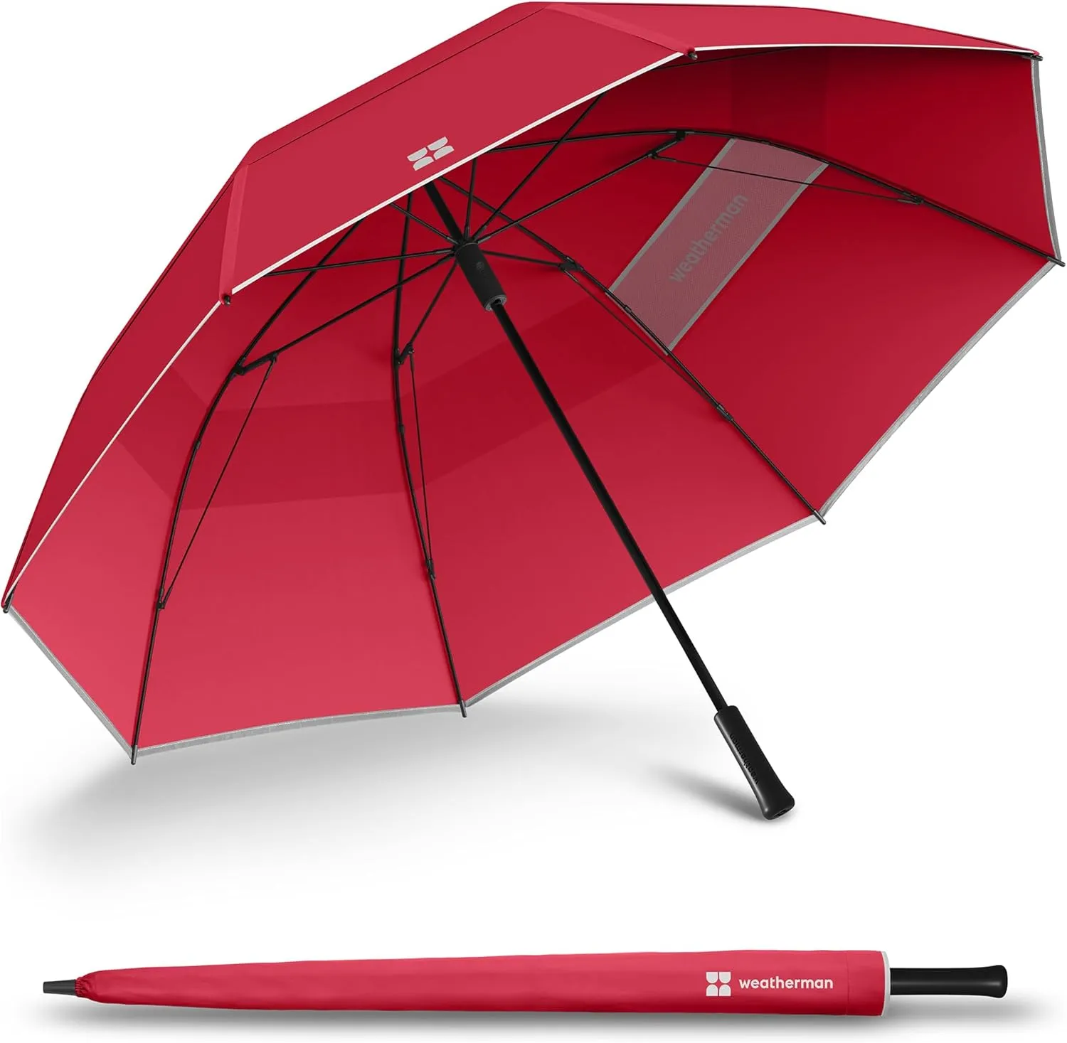 Weatherman Umbrella - Golf Lite Umbrella Extra Large Big Oversize Windproof for Golf Bag Push Cart w/ UV Protection - Waterproof Heavy Duty Umbrellas for Rain Sun for Men Women - Resists Up to 55 MPH Winds (Red)