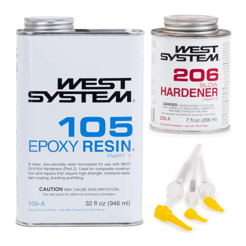 West System 105A Epoxy Resin (32 fl oz) Bundle with 206A Slow Epoxy Hardener (7 fl oz). Also Includes one Resin and one Hardener Pump.
