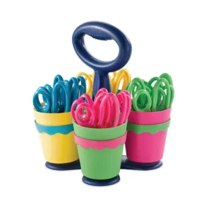 Westcott® Scissor Caddy with Kids' Scissors, Pointed Tip, 5" Long, 2" Cut Length, Straight Assorted Color Handles, 24/Set
