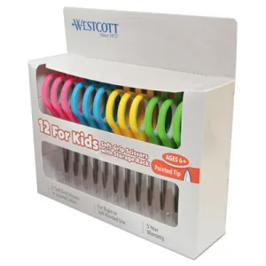Westcott® Soft Handle Kids Scissors, Pointed Tip, 5" Long, 1.75" Cut Length, Straight Assorted Color Handles, 12/Pack